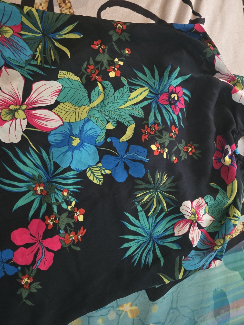Tropical Floral Black Halter Like Style Tie Neck Top